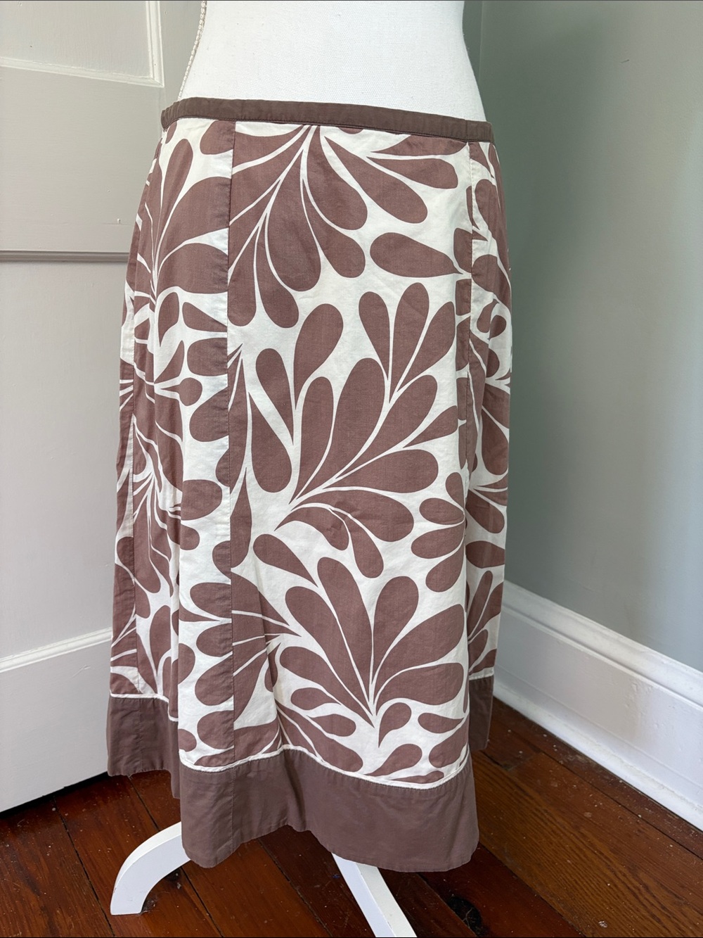 Boden Brown White Printed Floral Midi Skirt Cotton Size US 8 UK 12 Long